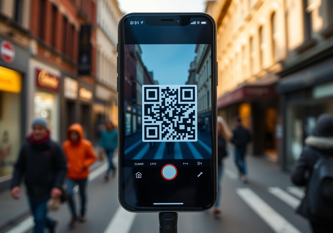 Diner scanning a QR code on a restaurant table with a smartphone, opening a digital menu